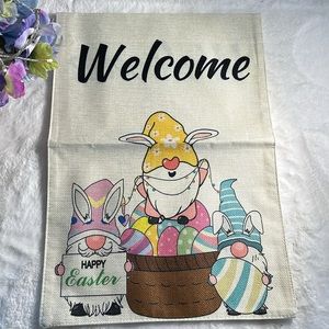 NIP Happy Easter Burlap Double Sided Garden Flag 
1pc, 12” x 18” Gnome Bunnies